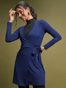 Tokyo Talkies Blue Ribbed V-Neck Wrap Dress