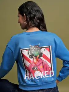 Tokyo Talkies Blue Graphic Printed Pullover Sweatshirt