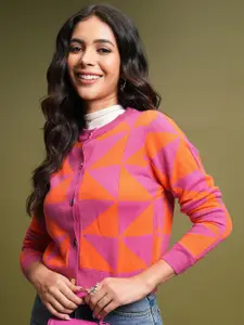 Tokyo Talkies Pink Colourblocked Acrylic Cardigan Sweater