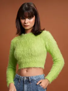 Tokyo Talkies Green Self Design Acrylic Crop Pullover