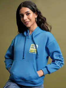 Tokyo Talkies Blue Typography Embroidered Hooded Sweatshirt