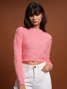 Tokyo Talkies Pink Self Design Acrylic Crop Pullover