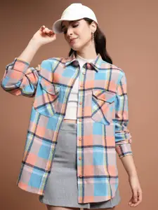 Tokyo Talkies Peach-Coloured & Blue Tartan Checked Oversized Casual Shirt