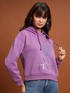 Tokyo Talkies Purple Typography Printed Hooded Sweatshirt