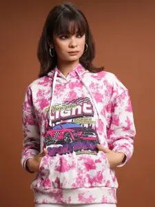 Tokyo Talkies Pink Abstract Printed Hooded Oversized Pullover
