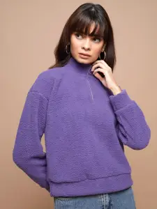 Tokyo Talkies Purple Mock Collar Relaxed Drop Shoulder Sleeves Sweatshirt