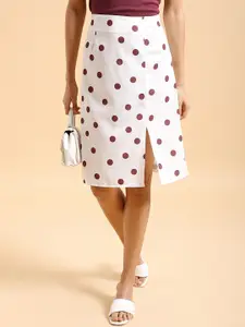 Tokyo Talkies White Polka Dot Printed A-Line Midi Skirt
