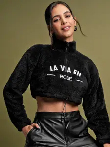 Tokyo Talkies Black Mock Collar Embroidered Crop Sweatshirt