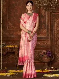 VILLAGIUS Pink Zari Pure Silk Designer Block Print Saree