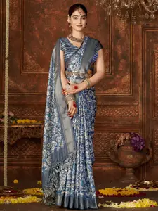 VILLAGIUS Turquoise Blue Zari Pure Silk Designer Block Print Saree