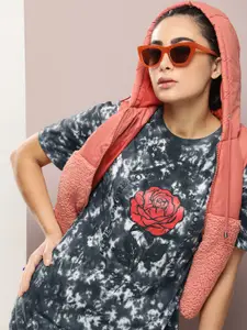 Kook N Keech Women Tie & Dye & Floral Print Drop-Shoulder Sleeves Cotton Oversized T-shirt