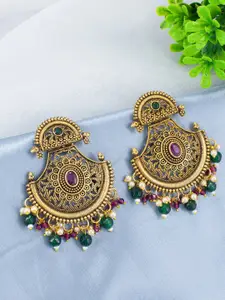 PRIVIU Gold-Plated Stones Studded & Beads Beaded Crescent Shaped Chandbalis