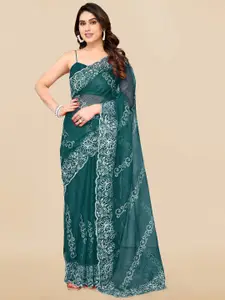 MIRCHI FASHION Teal Green & White Floral Embroidered Net Saree