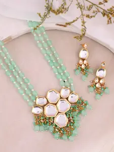 Silvermerc Designs Gold-Plated Kundan Studded & Beaded Necklace With Earrings
