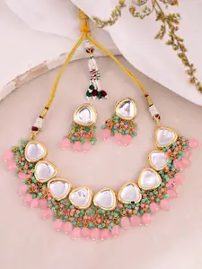 Silvermerc Designs Gold-Plated Kundan Studded & Beaded Necklace With Earrings