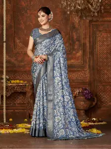 Mitera Turquoise Blue Zari Pure Silk Designer Block Print Saree