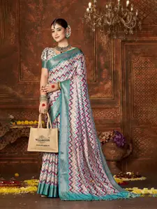 Mitera Purple Zari Pure Silk Designer Block Print Saree