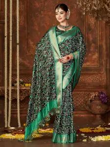 Mitera Green & Black Ethnic Motifs Zari Pure Silk Block Print Saree