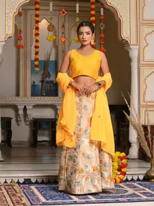 Indi INSIDE Yellow Embroidered Thread Work Foil Print Semi-Stitched Lehenga & Unstitched Blouse With Dupatta