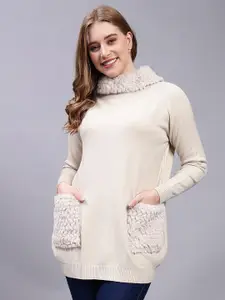 Albion Women Cream-Coloured Woollen Longline Pullover