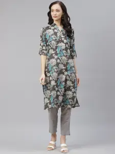 KALINI Floral Printed Mandarin Collar Roll-Up Sleeves Cotton Straight Kurta