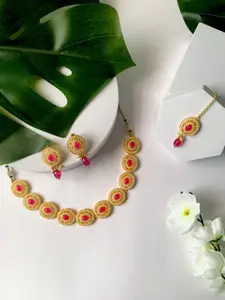 I Jewels Gold-Plated Stone Studded & Beaded Necklace & Earrings With Maang Tika