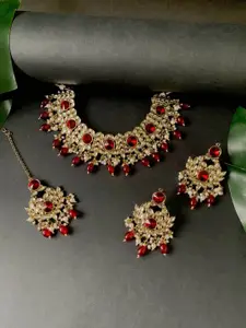 I Jewels Gold-Plated Kundan-Studded & Beaded Necklace & Earrings & Maang Tikka