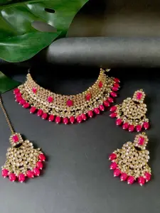 I Jewels Gold-Plated Kundan Stones Studded & Beaded Necklace & Earrings With Maang Tika