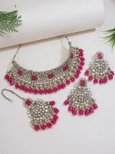 I Jewels Gold-Plated Kundan Stones Studded & Beaded Necklace & Earrings With Maang Tika