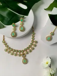 I Jewels Gold- Plated Kundan Studded Necklace & Earrings & Maang Tikka