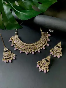 I Jewels Gold-Plated Kundan Stones Studded & Beaded Necklace & Earrings & Maang Tikka