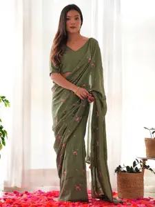 Saree mall Olive Green Ethnic Motifs Embroidered Silk Blend Designer Sarees