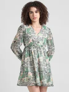 ONLY Ethnic Motifs Printed Puff Sleeves Flounce Chiffon Fit & Flare Dress