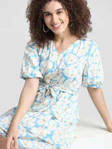 ONLY Floral Printed Puff Sleeves Belted Layered Fit & Flare Dress