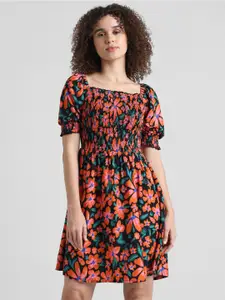 ONLY Floral Printed Square Neck Puff Sleeves Smocked Fit & Flare Dress