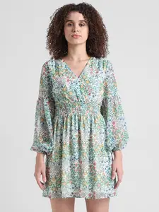ONLY Floral Printed Puff Sleeves V-Neck Smocked Chiffon Fit & Flare Dress