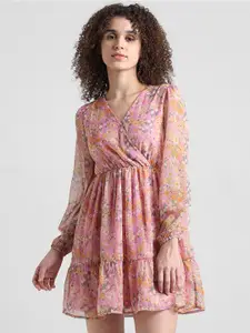 ONLY Floral Printed Puff Sleeves V-Neck Gathered Chiffon Fit & Flare Dress