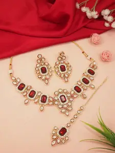 I Jewels Gold-Plated Kundan & Stone-Studded Necklace & Earrings With Maang Tikka Set