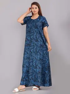 JVSP FASHION Blue Printed Cotton Maxi Nightdress