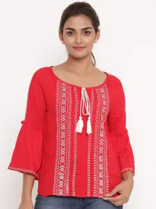 SAVI Red Embroidered Keyhole Neck Bell Sleeve Top
