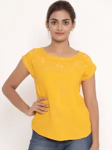 SAVI Mustard Yellow Embroidered Top