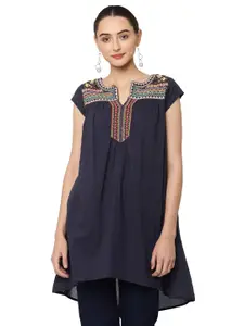 SAVI Blue Embroidered Sweetheart Neck Cotton Top