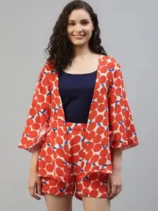 DEEBACO Conversational Printed Front-Open Shrug With Shorts