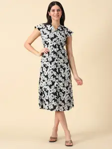 PURPLE FLAUNT Floral Printed Cap Sleeves Smocked A-Line Midi Dress