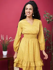 Globus Yellow Polka Dots Printd Puff Sleeves Smocked Fit & Flare Dress