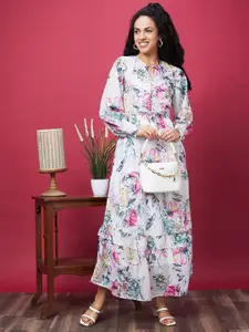 Globus Floral Printed Tie-Up Neck Puff Sleeves Smocked Detail Maxi Dress