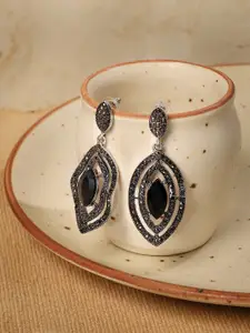 SOHI Silver-Plated Stone Studded Contemporary Drop Earrings