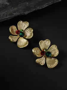 SOHI Gold-Plated Stone Studded Floral Drop Earrings