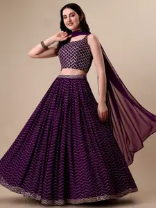KALINI Purple Embroidered Sequinned Semi-Stitched Lehenga & Unstitched Blouse With Dupatta