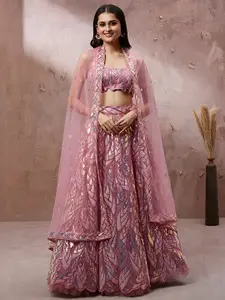 VAANI CREATION Coral Embellished Sequinned Semi-Stitched Lehenga & Unstitched Blouse With Dupatta
